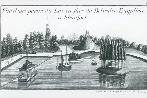 View of part of the lake in front of the Egyptian Belvedere at Steinfort, from Jardins Anglo-Chinois de la Mode by George Louis Le Rouge, published 1776-90 (engraving) (b / w photo)