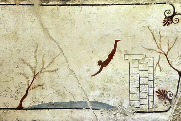 Greek Art: A young swimmer diving. Fresco of the grave of the 'diver'. From the southern cemetery of Paestum. 480-470 BC - Archaeological Museum of Naples, Italy - Museo Archeologico Nazionale, Napoli, Italia - Photo Patrice Cartier