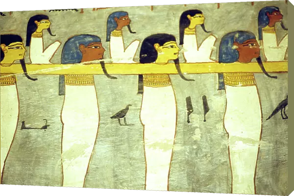 Ancient Egypt, Painting, Gods of the underworld tethered to Hathor, divine cow, towing the solar barque, Tomb of Rameses I, Thebes, 19th Dyn, Valley of the Kings (photo)