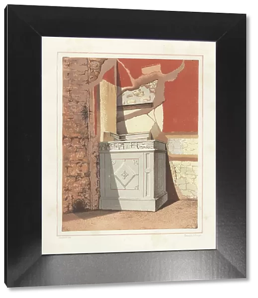 House altar or lararium in the house of the banker Lucius Caecilius Iucundus, Regio V.1.26. Chromolithograph by Victor Steeger after an illustration by Geremia Discanno from Emile Presuhn (1844-1878) The Most Beautiful Paintings of Pompeii, Leipzig