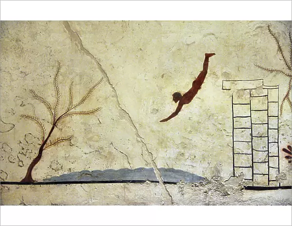 Greek Art: A young swimmer diving. Fresco of the grave of the 'diver', Paestum