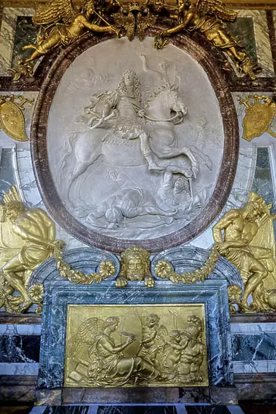 War Salon in The Palace of versailles. Louis XIV in the War salon, 17th century (marble relief)