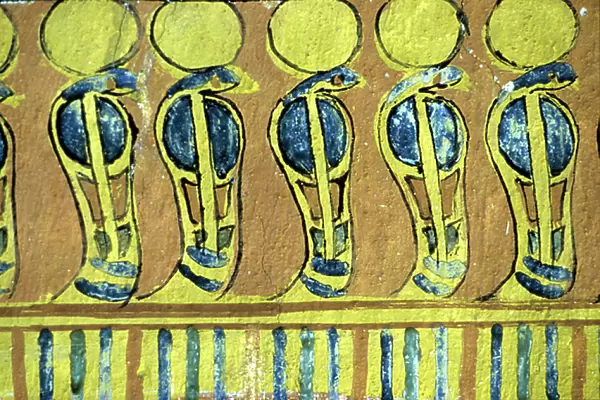Ancient Egypt, Wall painting, Uraeus serpents guarding the shrine of Osiris, Tomb of Sennedjem, Thebes, Deir el Medna, 19th dynasty (photo)