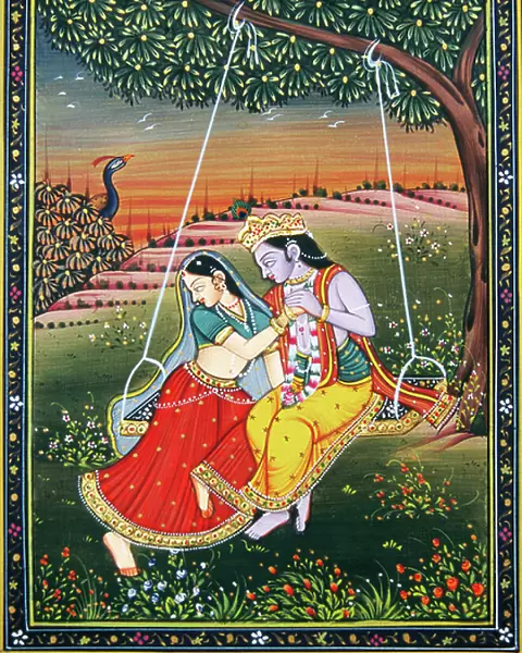 Radha Krishna Enjoying Jhoola Miniature Painting on Paper