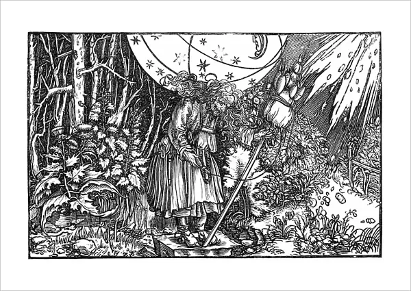 Old woman (witch or fairy) spinning, 1547 (engraving)