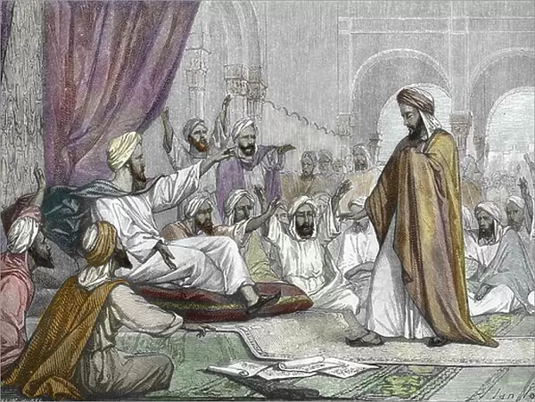 Representation of the philosopher, rationalist Islamic theologian, jurist, mathematician and Muslim doctor Andalusian Averroes (1126-1198) (Ibn Rochd of Cordoba) in disgrace