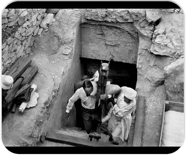 Discovery of the tomb of pharaoh Tutankhamun in the Valley of the Kings (Egypt) : Howard Carter carries with an egyptian worker's help a statue composing the treasure