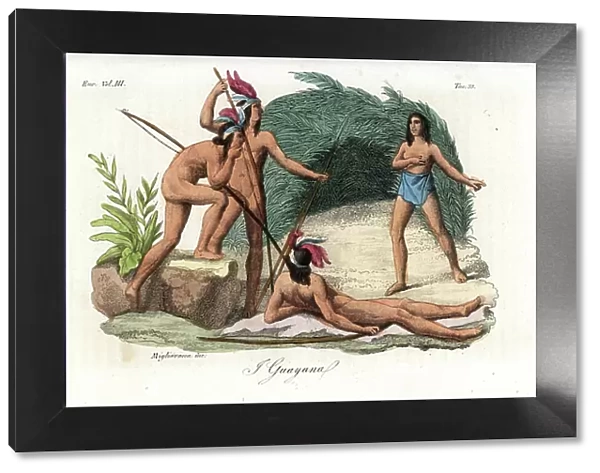 Hunters of the Wayana (Guayana) people of Paraguay with spears and bows wearing feather headdresses. Handcoloured copperplate engraving by Migliavacca from Giulio Ferrario's Costumes Antique and Modern of All Peoples