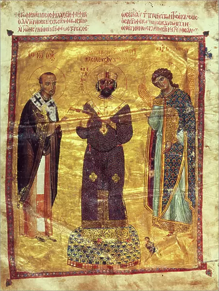Grec Coisl 79 f.2v Emperor Nicephorus III Botaniates (reg.1078-81) with St. John Chrysostom (c.347-407) and the Archangel Michael, Byzantine, c.1078 (vellum)