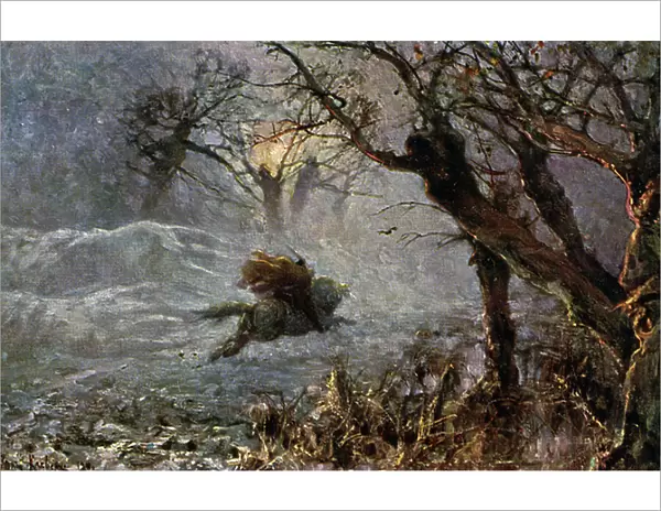 Music. Rider in the forest. Der Erlkonig (The Erlking), lied by Franz Schubert (1813), inspired by the poem: Erlkonig, by Johann Wolfgang von Goethe. Illustration by J. von Klever, Germany, c.1901. (postcard)