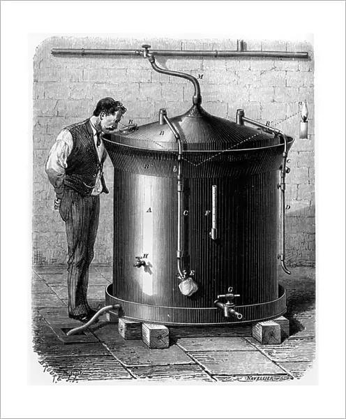 1st device used by Louis Pasteur for making of beer, c. 1870, engraving