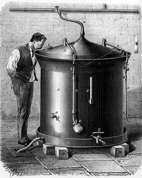 1st device used by Louis Pasteur for making of beer, c. 1870, engraving