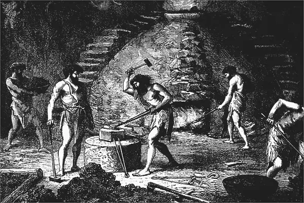 Artist's reconstruction of a late Iron Age forge. In centre the smith is hammering iron. In background another is working at the furnace. Wood engraving London 1890