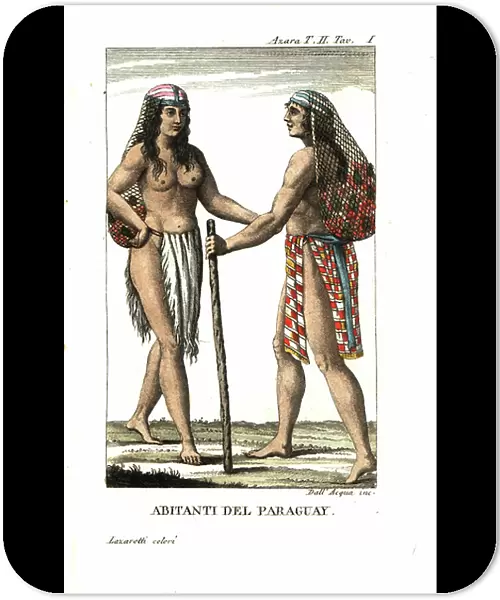 Guarani people of Paraguay. They wear cotton skirts and hats with nets to hold harvested corn and fruit. From Felix de Azara's Voyages in America Meridionale