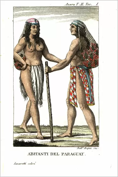 Guarani people of Paraguay. They wear cotton skirts and hats with nets to hold harvested corn and fruit. From Felix de Azara's Voyages in America Meridionale
