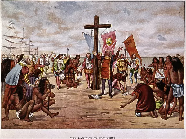 The Debarkment of Christopher Columbus in San Salvador (Bahamas) on 12 / 10 / 1492 - Engraving of the 19th century
