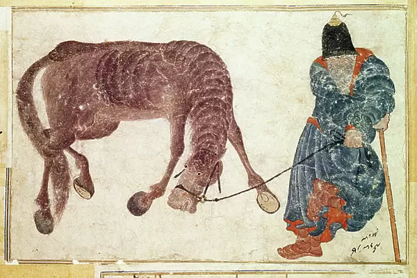 Mongolian nomad taking his horse to water, 15th century (vellum)