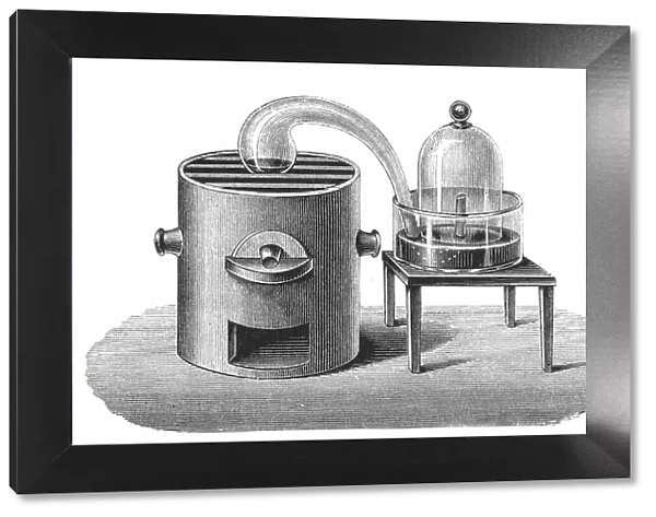 Lavoisier's investigation of the existence of oxygen in the air. Mercury in trough (right) and in glass balloon (left) on prolonged heating, some red oxide of mercury found in balloon, while volume of air in bell jar (right) reduced. Engraving, 1894