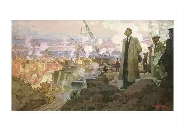 Maxim Gorky (1868-1936) at the Building of the Hydroelectric Power Plant DnieproGES, 1951 (oil on canvas)