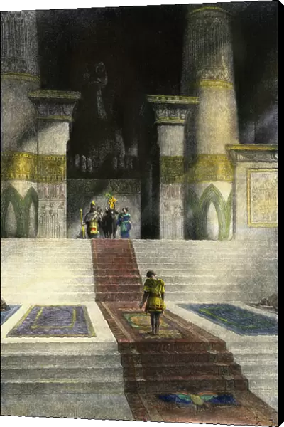 Civilization of Antiquity: Alexander The Great in the Temple of Apis in Memphis, Ancient Egypt. 19th century colour engraving