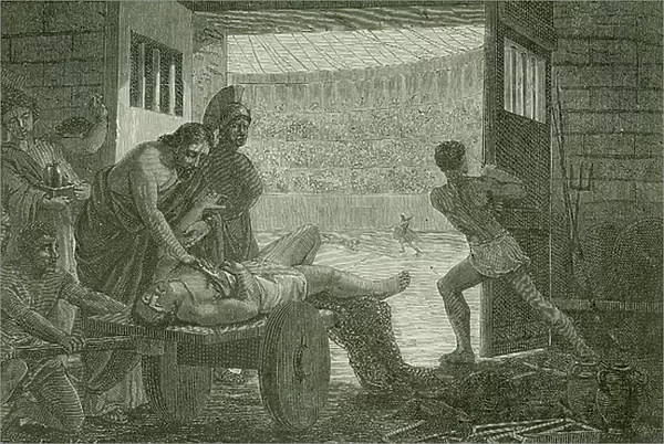 Galen (Claudius Galenus c130-201 AD) Greek physician. Physician to the gladiators at Pergamum tending the wounded in the amphitheatre. Artist's reconstruction published Paris, 1866