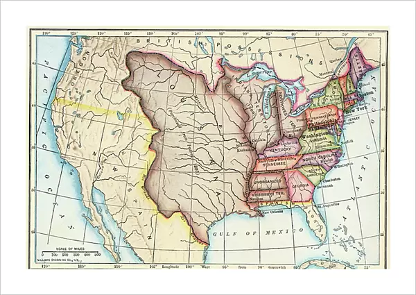 Map of the United States of 1803 showing the partition of the state (Kentucky, Tennessee, Georgia, Florida, Carolina, Virginia, Massachusetts, Indian territories, English Canada and Louisiana claimed by the French)