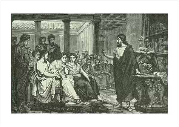Galen (Claudius Galenus c130-201 AD) Greek physician who moved to Rome and became physician to three emperors. Galen lecturing on anatomy in the Temple of Peace, Rome. Artist's reconstruction published Paris, 1866