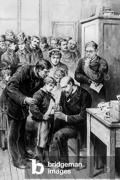 La vaccination contre la rage : une seance d'inoculation au laboratoire de Louis Pasteur (rue d'Ulm a Paris) : Pasteur vaccinating a child, c. 1885, engraving