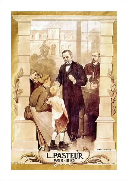 poster showing Louis Pasteur (1822-1895) French chemist and biologist who found vaccin against rabies in1885, vaccinating a child