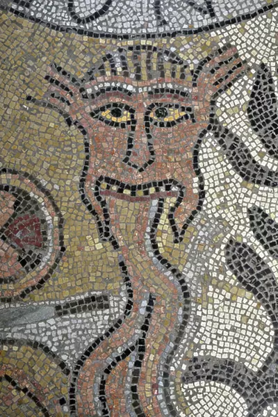 Symbolic representation of the Universe. Detail of the Gehon. Romanesque mosaic of the four rivers, 12th century, pavement of the altar of the chapel of Saint Nicholas, inside the Old Episcopal Palace