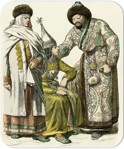 Asia: traditional costumes of the population of the Asian continent. Kyrgyz (Kyrgyzstan) people in Central Asia in the 19th century. Colour engraving