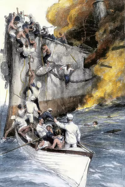 American Hispano War (1898): the sailors of the Spanish warship ' Oquendo', saved by the crew of the American ship USS ' Gloucester', off Santiago de Cuba. Colour illustration, 19th century