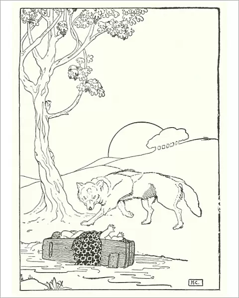 Romulus and Remus found by the she-wolf (litho)