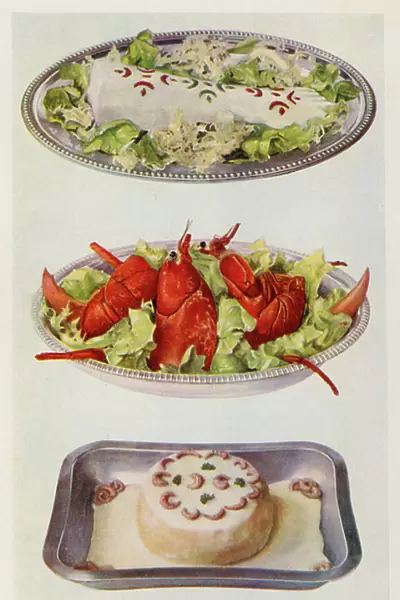 Salmon Mayonnaise; Lobster Salad; Fish Souffle (colour litho)