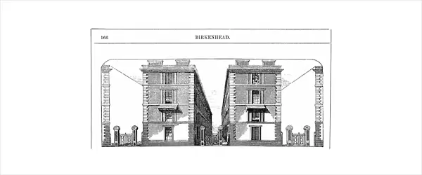 Low rental workmen's dwellings built by Birkenhead Dock Co. c1844: Architect CE. Lang. Avenue of dwellings. Each block was 3 houses of 4 floors, each divided into 2 dwellings of living room, 2 bedrooms, washroom / scullery. Wood engraving c1860