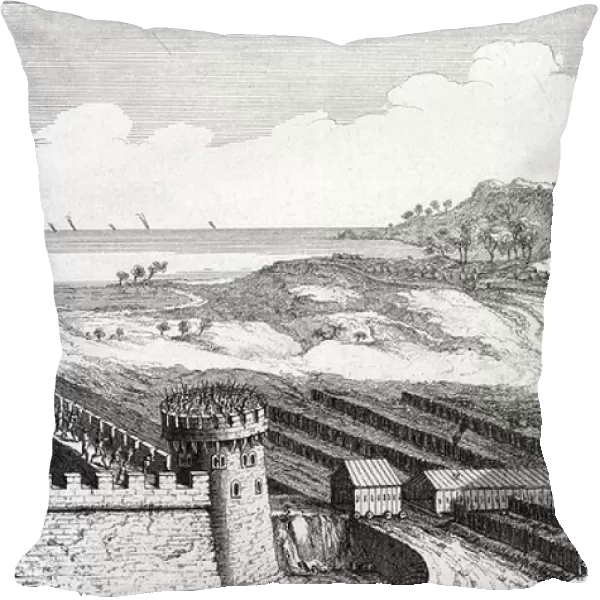 Reconstruction of Julius Caesar's siege of Marseilles, showing the musculus or covered way to protect engineers approaching walls of besieged city. 18th century (engraving)