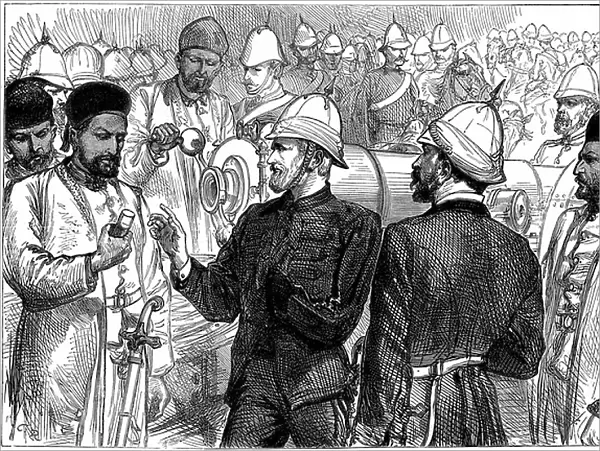 Second Anglo-Afghan War (1878-1880): Yakub (Yakoob) Khan, ruler of Afghanistan, being shown details of British guns during review at Gundamuck shortly after the signing of the Treaty of Gundamuck, 26 May 1879. Wood engraving, October 1879