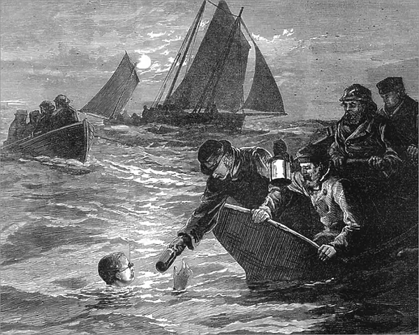 Captain Matthew Webb (1848-1883) English swimmer. First man to swim the English Channel, 24-25 August 1875. Took 21 3 / 4 hours to cross from Dover to Calais: Being handed sustenance from his support boat. Wood engraving, 1875