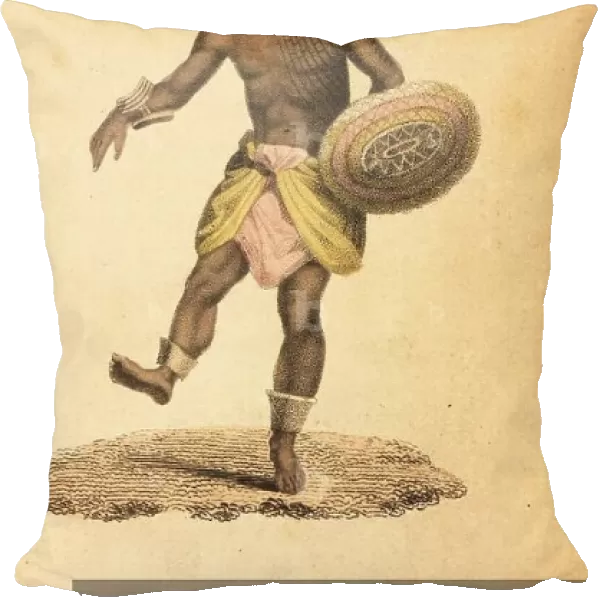 Dancing native man of Hawaii (Sandwich Islands) with shield, anklets, bracelets and tattoos. Handcoloured stipple engraving from Frederic Shoberl's The World in Miniature: The South Sea Islands, Ackermann, London, 1824