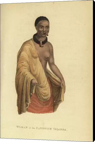 Native woman of Hawaii (Sandwich Islander). Handcoloured stipple engraving from Frederic Shoberl's The World in Miniature: The South Sea Islands, Ackermann, London, 1824