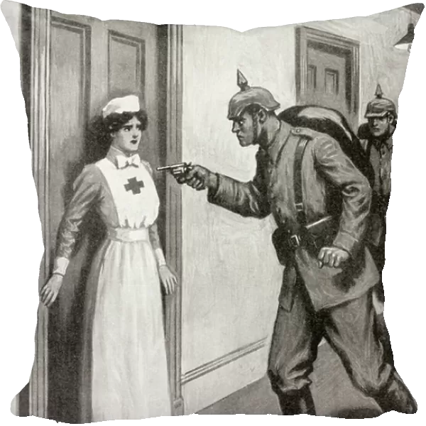 Brave Nurse Agassiz protecting her wounded British patients from the Germans during WWI (litho)