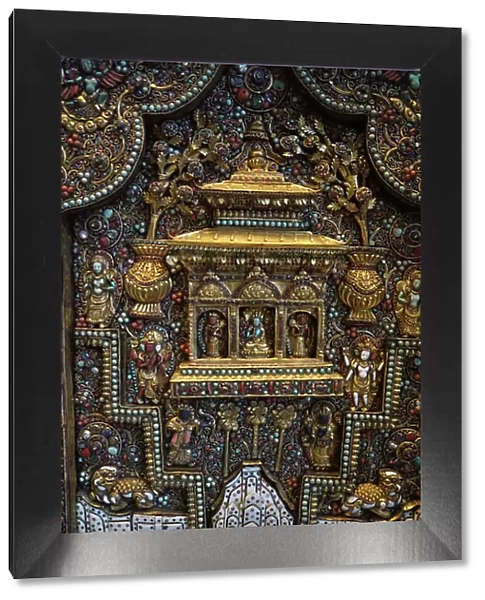 Altar screen of metal, set with bone, shell, precious and semi-precious stones