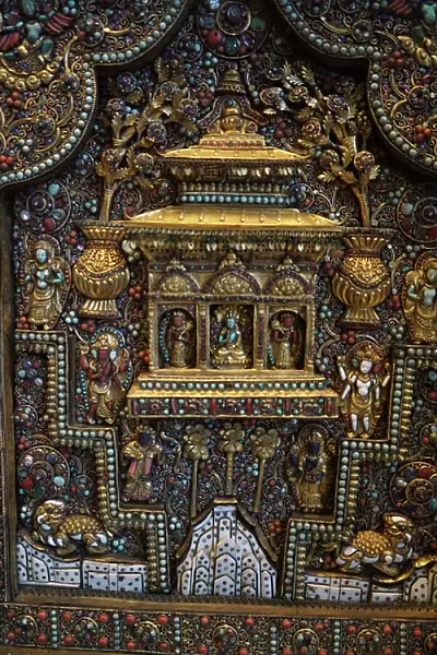 Altar screen of metal, set with bone, shell, precious and semi-precious stones