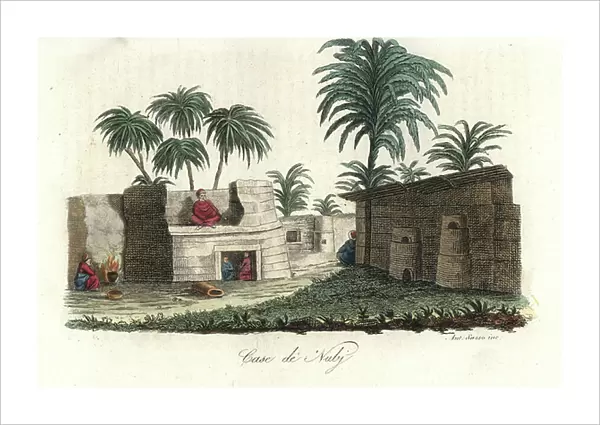Houses of the Nubians, early 19th century. Natives smoking pipes and sitting in the shade under palm trees. Handcoloured copperplate engraving by Antonio Sasso from Giulio Ferrario's Ancient and Modern Costumes of all the Peoples of the World, 1843