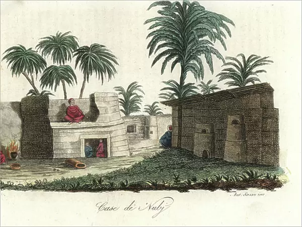 Houses of the Nubians, early 19th century. Natives smoking pipes and sitting in the shade under palm trees. Handcoloured copperplate engraving by Antonio Sasso from Giulio Ferrario's Ancient and Modern Costumes of all the Peoples of the World, 1843