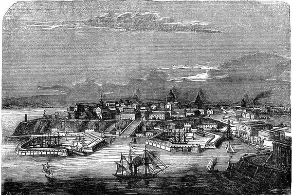 The city of Odessa (Russia, Ukkraine, Black Sea) and its port in the middle of the 19th century. Engraving of the Dictionnaire Universelle, Pantheon litteraire et encyclopedie illustree by Maurice La Chatre (Lachatre), edition 1853