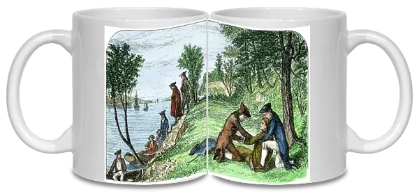 The Hamilton Burr Duel, 1804: The Death of Alexander Hamilton (1757-1804), on the banks of the Hudson River (USA), after his pistol duel against Aaron Burr (1756-1836) - Colorisee engraving