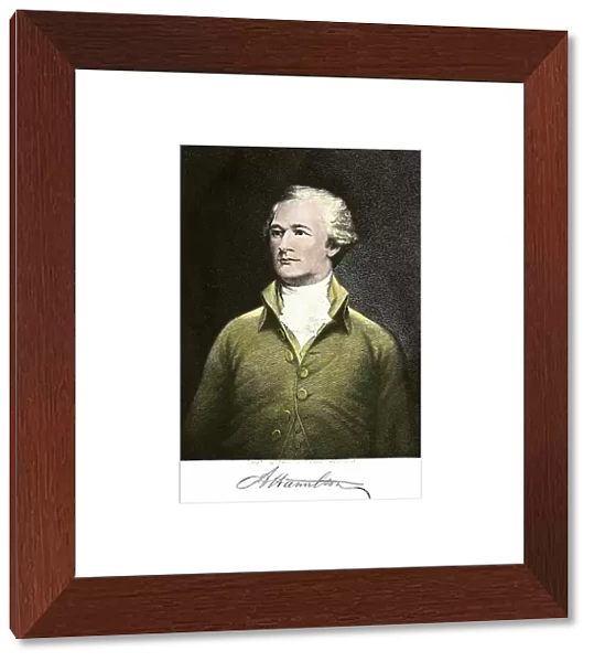 Portrait of Alexander Hamilton (1757-1804), American politician with his signature. Engraving after painting