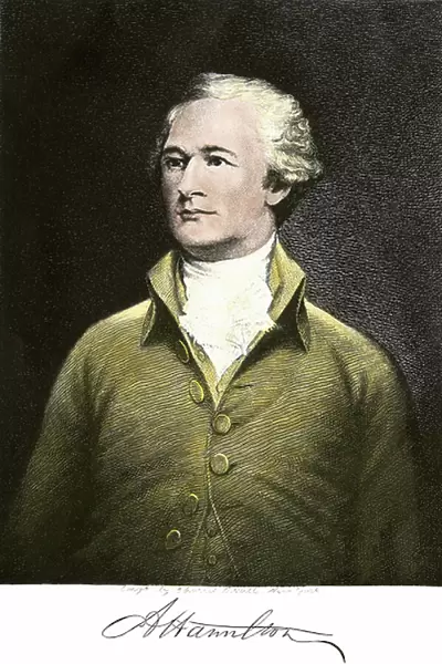 Portrait of Alexander Hamilton (1757-1804), American politician with his signature. Engraving after painting