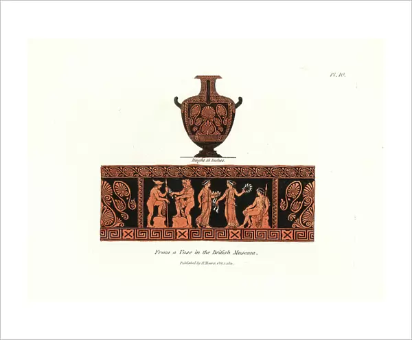 Ancient vase in the British Museum. Vase in red clay with black designs of mythological figures including Hercules, Mercury, etc. Handcoloured copperplate engraving by Henry Moses from A Collection of Antique Vases, Altars, etc. London, 1814